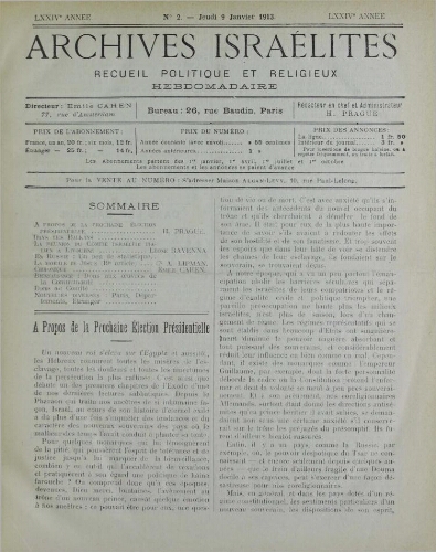 Archives israélites de France. Vol.74 N°02 (09 janv. 1913)